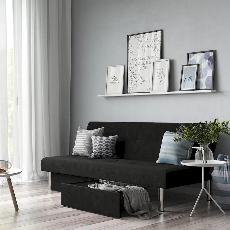 69" Convertible Storage Futon Sofa Bed with Tufted Microfiber Upholstery - Multi-Position Back, Pull-Out Storage, 600 lbs Capacity - 3 Color Options