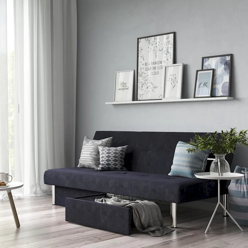 69" Convertible Storage Futon Sofa Bed with Tufted Microfiber Upholstery - Multi-Position Back, Pull-Out Storage, 600 lbs Capacity - 3 Color Options