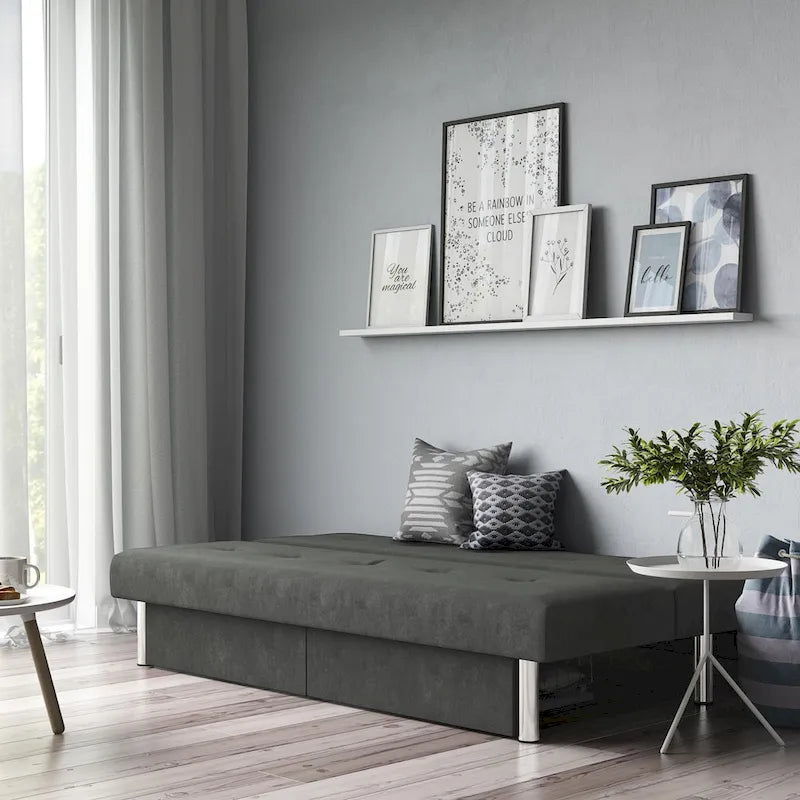 69" Convertible Storage Futon Sofa Bed with Tufted Microfiber Upholstery - Multi-Position Back, Pull-Out Storage, 600 lbs Capacity - 3 Color Options