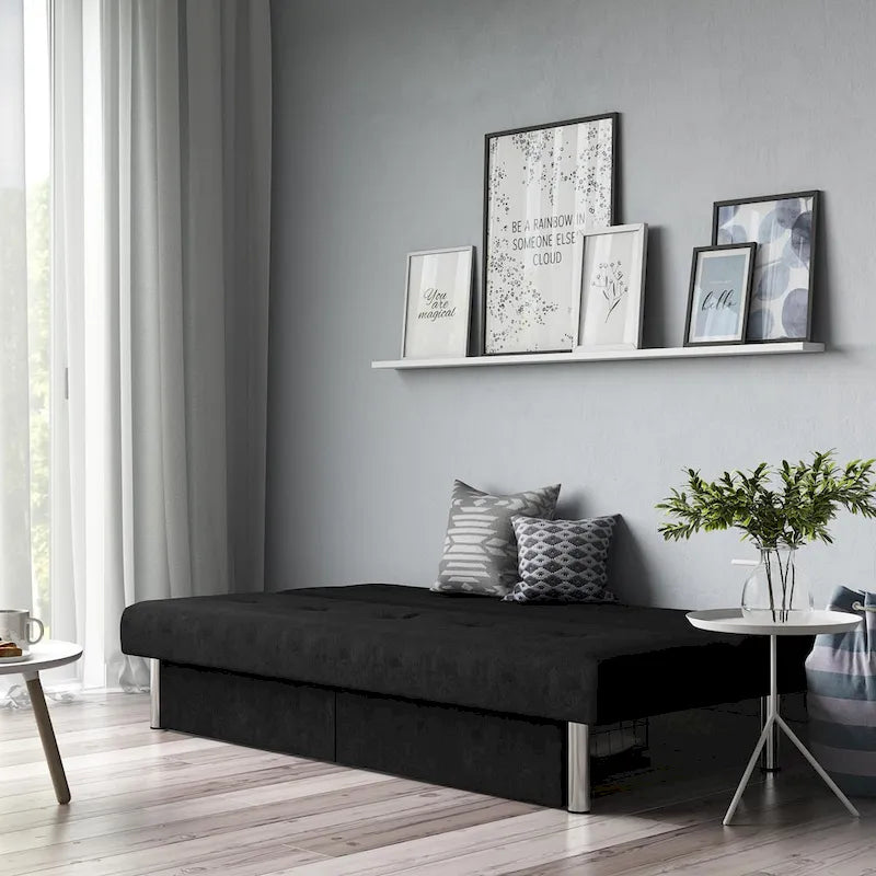 69" Convertible Storage Futon Sofa Bed with Tufted Microfiber Upholstery - Multi-Position Back, Pull-Out Storage, 600 lbs Capacity - 3 Color Options