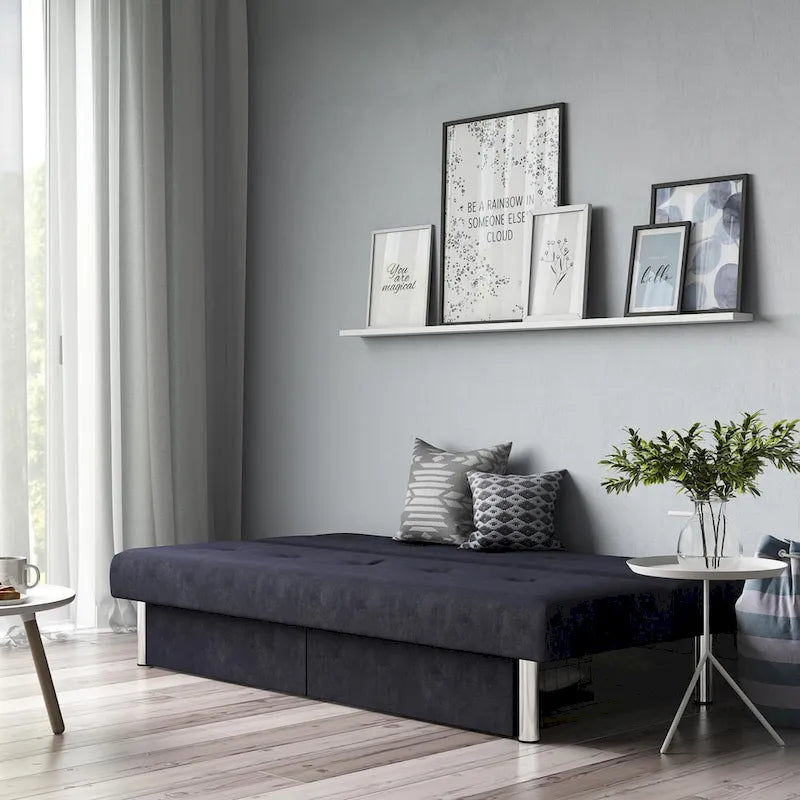 69" Convertible Storage Futon Sofa Bed with Tufted Microfiber Upholstery - Multi-Position Back, Pull-Out Storage, 600 lbs Capacity - 3 Color Options