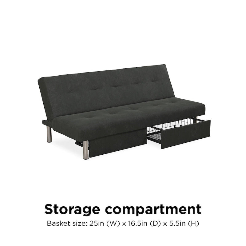 69" Convertible Storage Futon Sofa Bed with Tufted Microfiber Upholstery - Multi-Position Back, Pull-Out Storage, 600 lbs Capacity - 3 Color Options