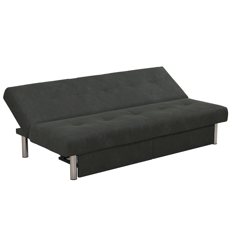 69" Convertible Storage Futon Sofa Bed with Tufted Microfiber Upholstery - Multi-Position Back, Pull-Out Storage, 600 lbs Capacity - 3 Color Options