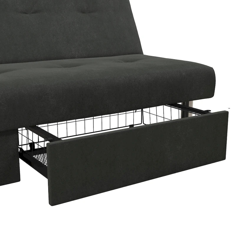 69" Convertible Storage Futon Sofa Bed with Tufted Microfiber Upholstery - Multi-Position Back, Pull-Out Storage, 600 lbs Capacity - 3 Color Options