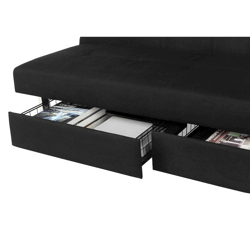 69" Convertible Storage Futon Sofa Bed with Tufted Microfiber Upholstery - Multi-Position Back, Pull-Out Storage, 600 lbs Capacity - 3 Color Options