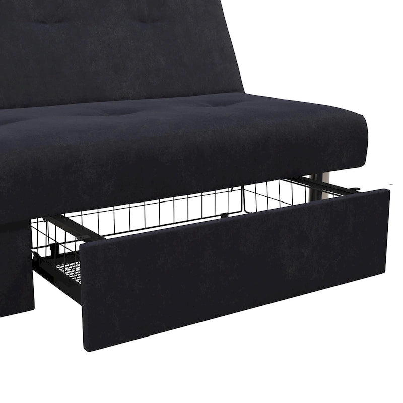 69" Convertible Storage Futon Sofa Bed with Tufted Microfiber Upholstery - Multi-Position Back, Pull-Out Storage, 600 lbs Capacity - 3 Color Options