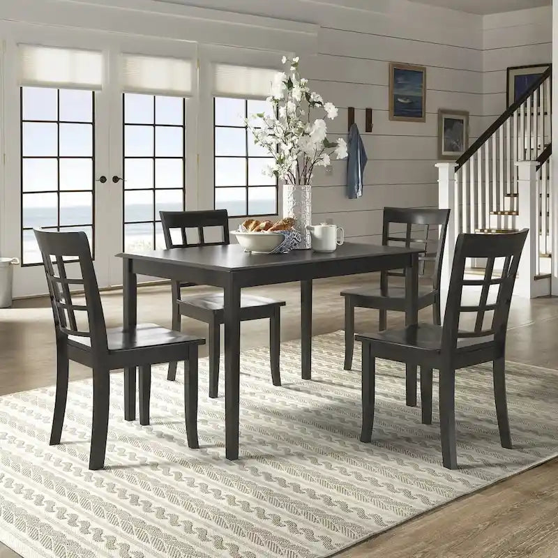 48-Inch Rectangular Dining Set 5-Piece - Antique Black Farmhouse Table with 4 Chairs, Rubberwood & MDF Construction
