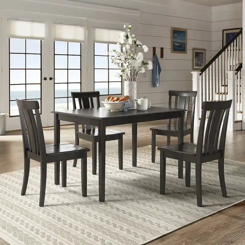 48-Inch Rectangular Dining Set 5-Piece - Antique Black Farmhouse Table with 4 Chairs, Rubberwood & MDF Construction