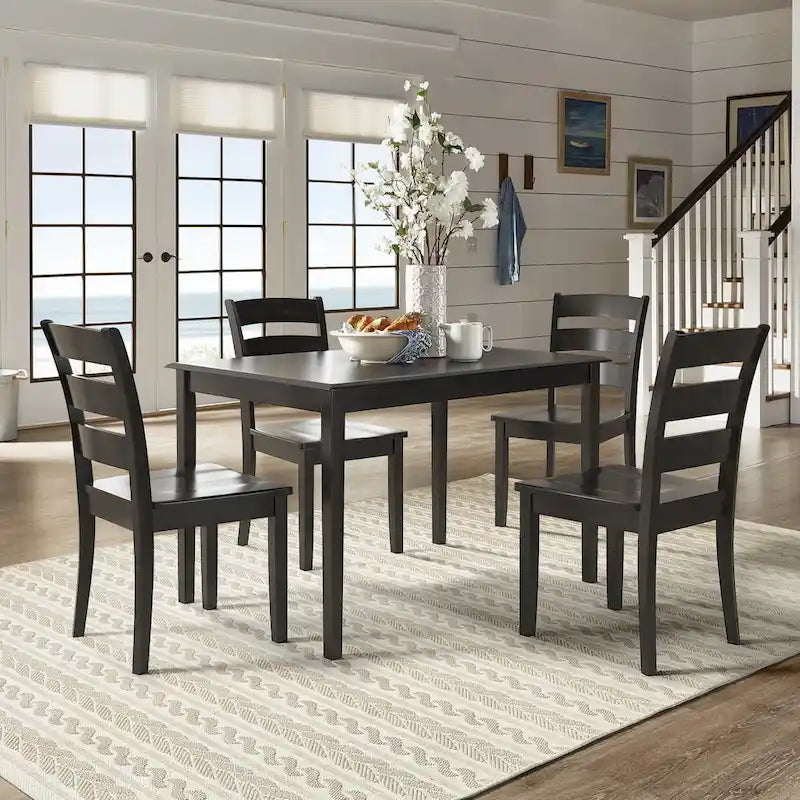 48-Inch Rectangular Dining Set 5-Piece - Antique Black Farmhouse Table with 4 Chairs, Rubberwood & MDF Construction