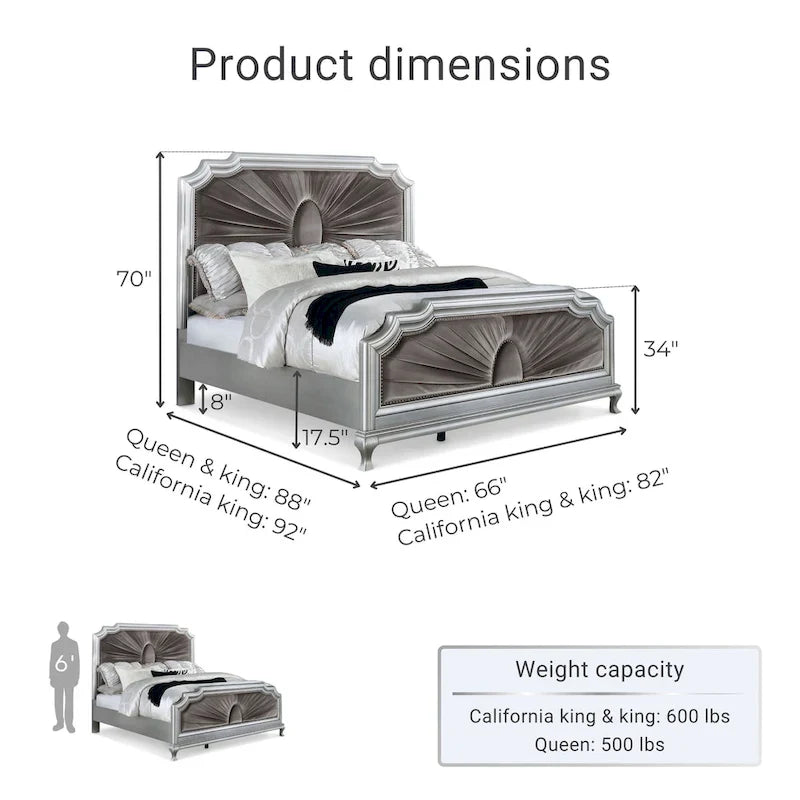 Glam Panel Bed with Tufted Velvet Headboard - Silver & Grey, Solid Wood Frame, Nailhead Trim, Cabriole Legs, 500 lbs - Queen/King/Cal King Available