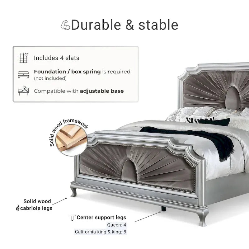 Glam Panel Bed with Tufted Velvet Headboard - Silver & Grey, Solid Wood Frame, Nailhead Trim, Cabriole Legs, 500 lbs - Queen/King/Cal King Available