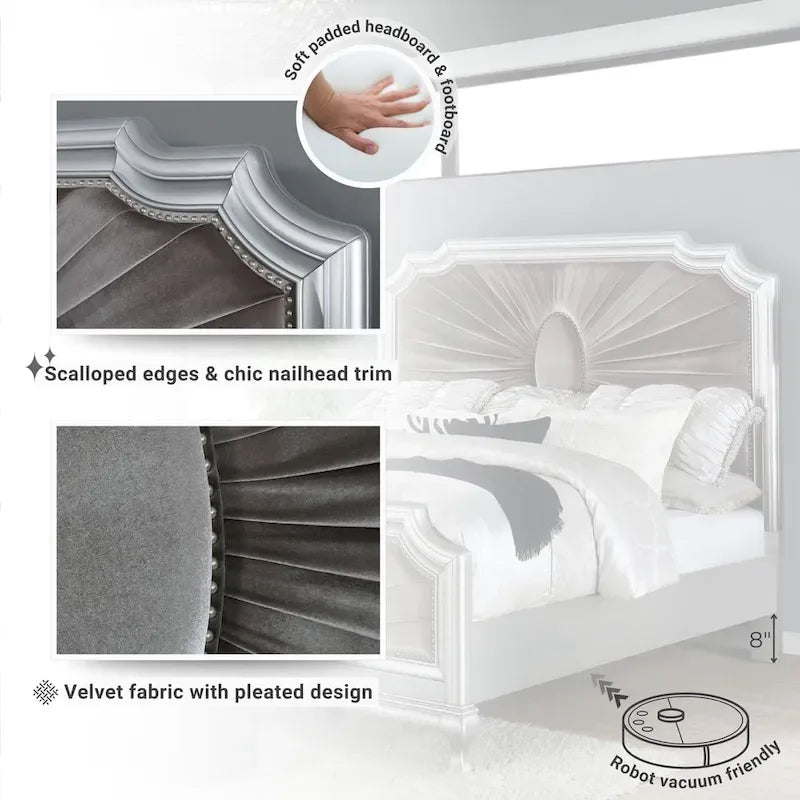 Glam Panel Bed with Tufted Velvet Headboard - Silver & Grey, Solid Wood Frame, Nailhead Trim, Cabriole Legs, 500 lbs - Queen/King/Cal King Available