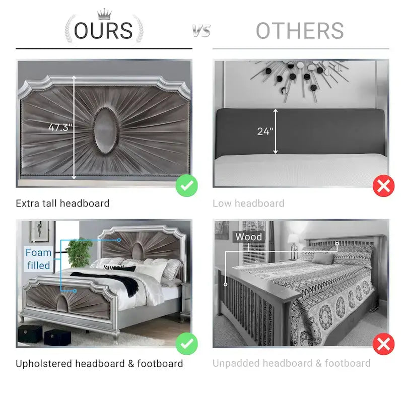 Glam Panel Bed with Tufted Velvet Headboard - Silver & Grey, Solid Wood Frame, Nailhead Trim, Cabriole Legs, 500 lbs - Queen/King/Cal King Available