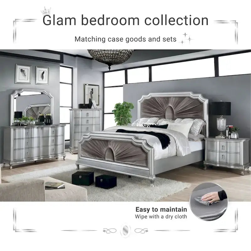 Glam Panel Bed with Tufted Velvet Headboard - Silver & Grey, Solid Wood Frame, Nailhead Trim, Cabriole Legs, 500 lbs - Queen/King/Cal King Available