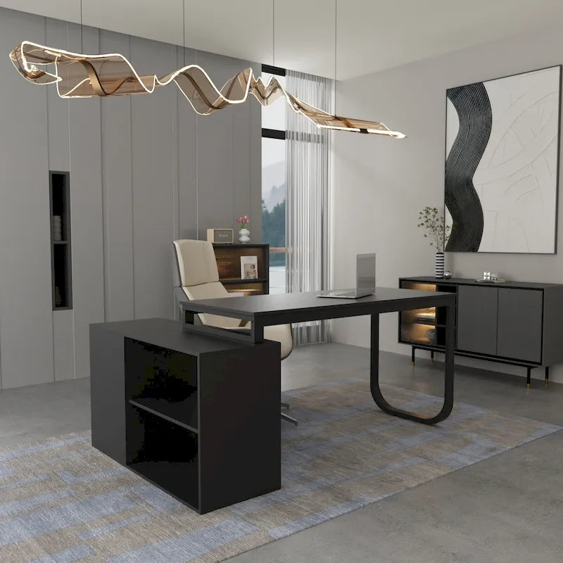 55" L-Shaped Office Computer Desk with Drawers - P2 Particle Wood, Metal Frame, 130 lbs Capacity, Open Shelf