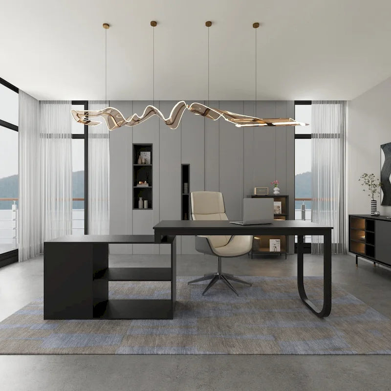 55" L-Shaped Office Computer Desk with Drawers - P2 Particle Wood, Metal Frame, 130 lbs Capacity, Open Shelf
