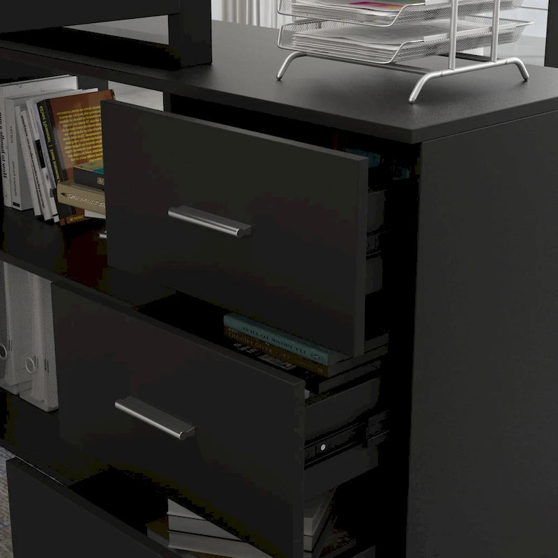 55" L-Shaped Office Computer Desk with Drawers - P2 Particle Wood, Metal Frame, 130 lbs Capacity, Open Shelf