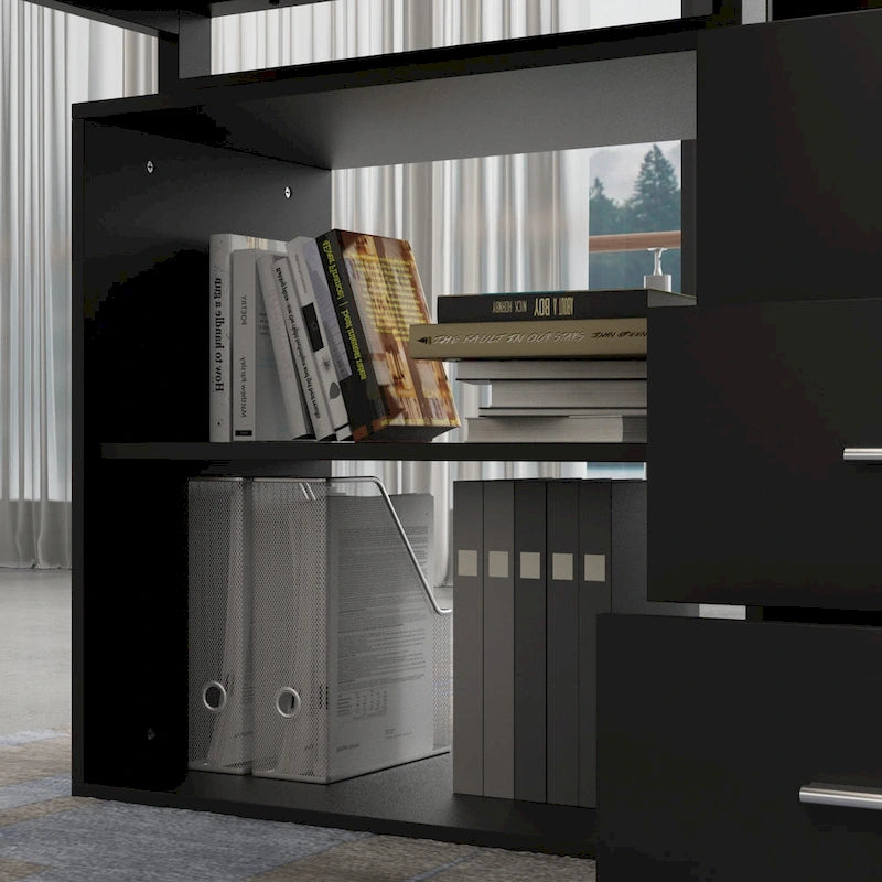 55" L-Shaped Office Computer Desk with Drawers - P2 Particle Wood, Metal Frame, 130 lbs Capacity, Open Shelf