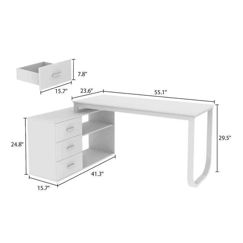55" L-Shaped Office Computer Desk with Drawers - P2 Particle Wood, Metal Frame, 130 lbs Capacity, Open Shelf