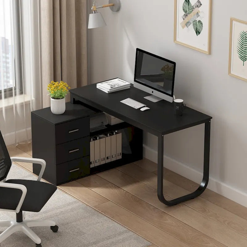 55" L-Shaped Office Computer Desk with Drawers - P2 Particle Wood, Metal Frame, 130 lbs Capacity, Open Shelf