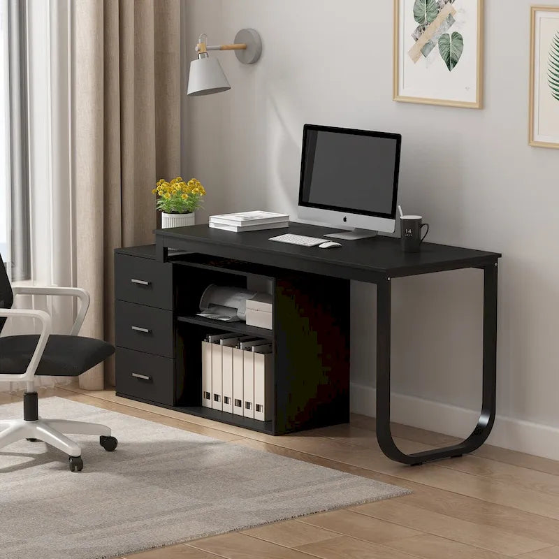 55" L-Shaped Office Computer Desk with Drawers - P2 Particle Wood, Metal Frame, 130 lbs Capacity, Open Shelf
