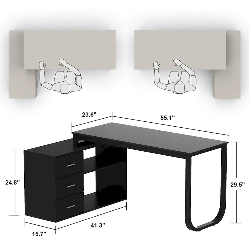 55" L-Shaped Office Computer Desk with Drawers - P2 Particle Wood, Metal Frame, 130 lbs Capacity, Open Shelf