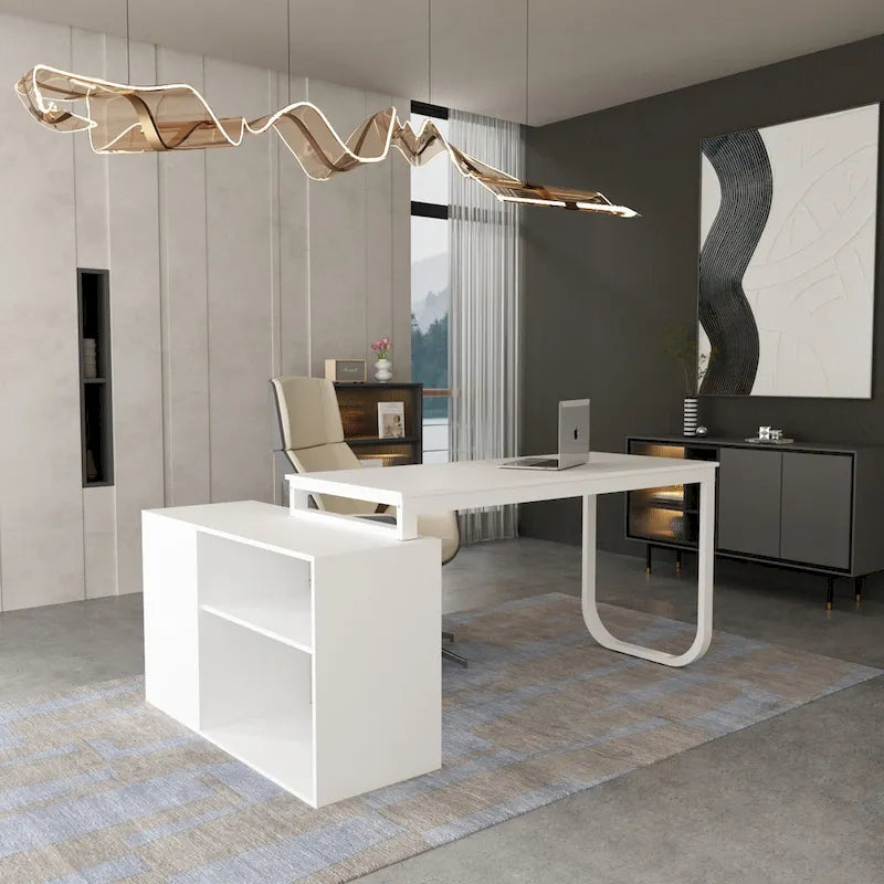 55" L-Shaped Office Computer Desk with Drawers - P2 Particle Wood, Metal Frame, 130 lbs Capacity, Open Shelf