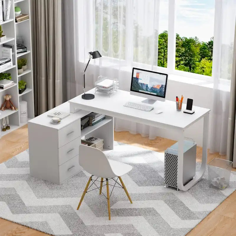 55" L-Shaped Office Computer Desk with Drawers - P2 Particle Wood, Metal Frame, 130 lbs Capacity, Open Shelf