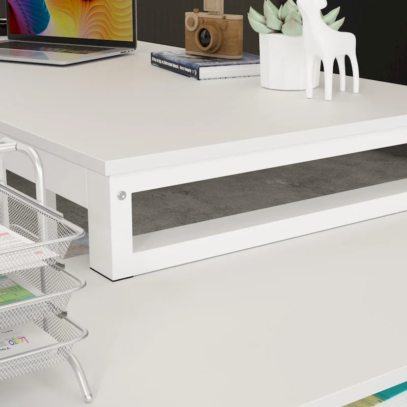 55" L-Shaped Office Computer Desk with Drawers - P2 Particle Wood, Metal Frame, 130 lbs Capacity, Open Shelf