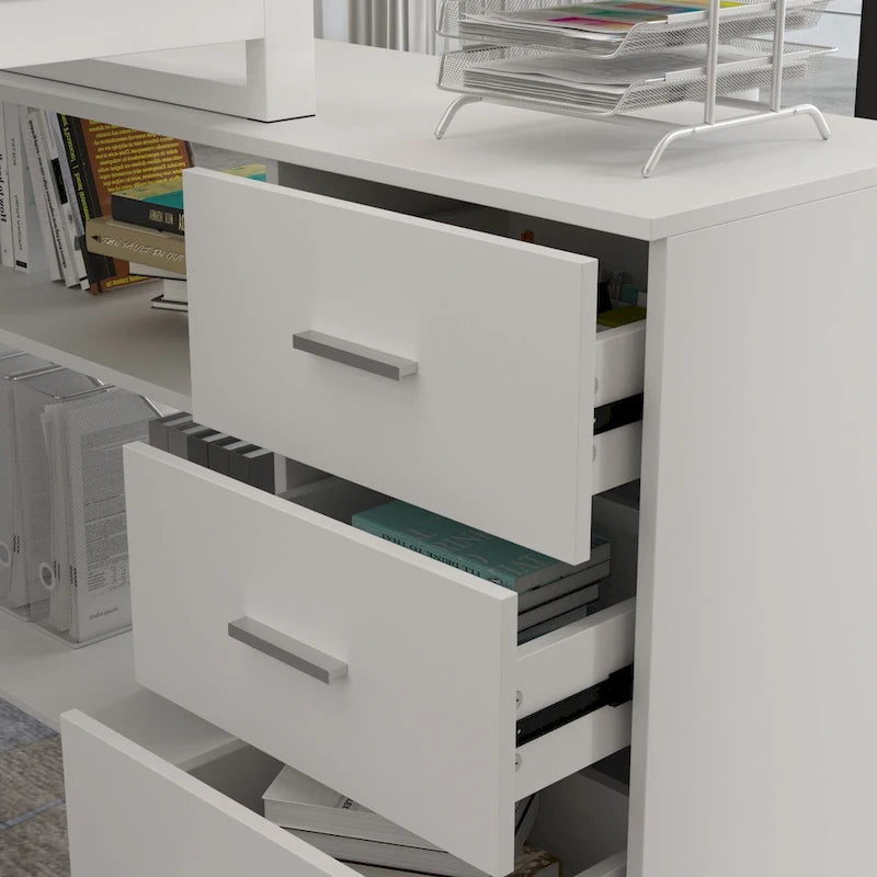 55" L-Shaped Office Computer Desk with Drawers - P2 Particle Wood, Metal Frame, 130 lbs Capacity, Open Shelf