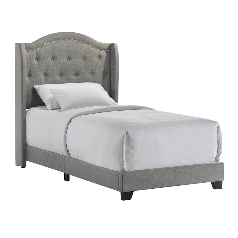 Twin Upholstered Bed - Smoke Grey Fabric, Tufted Arched Headboard, Matte Chrome Nailhead Accents, Traditional Style