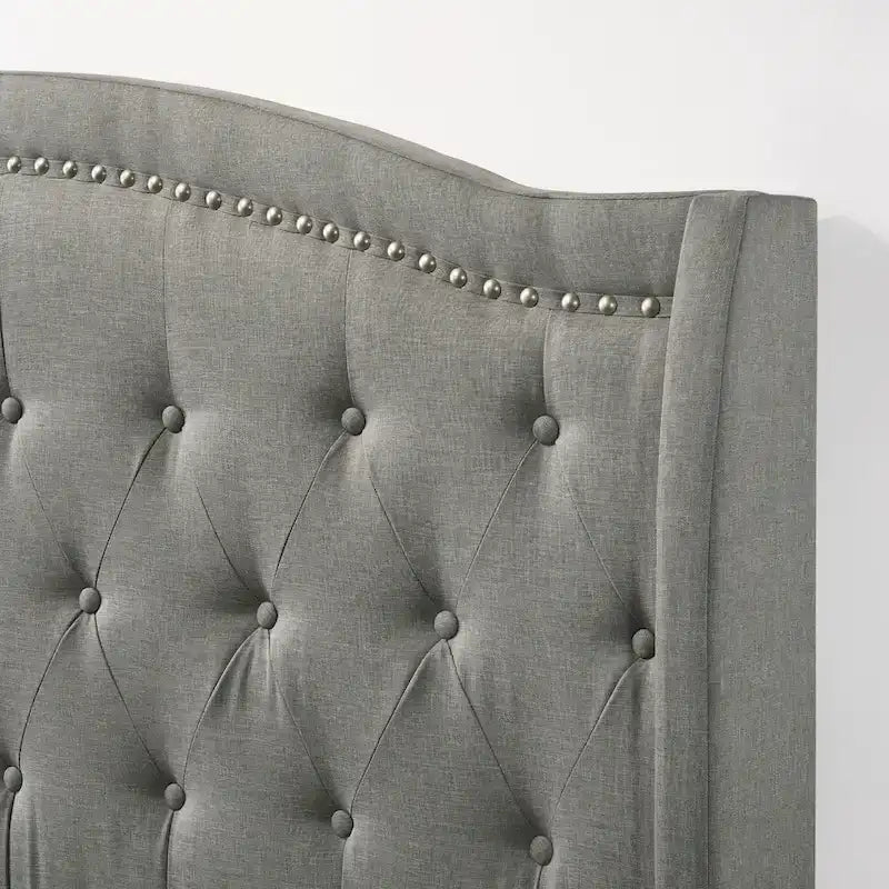 Twin Upholstered Bed - Smoke Grey Fabric, Tufted Arched Headboard, Matte Chrome Nailhead Accents, Traditional Style