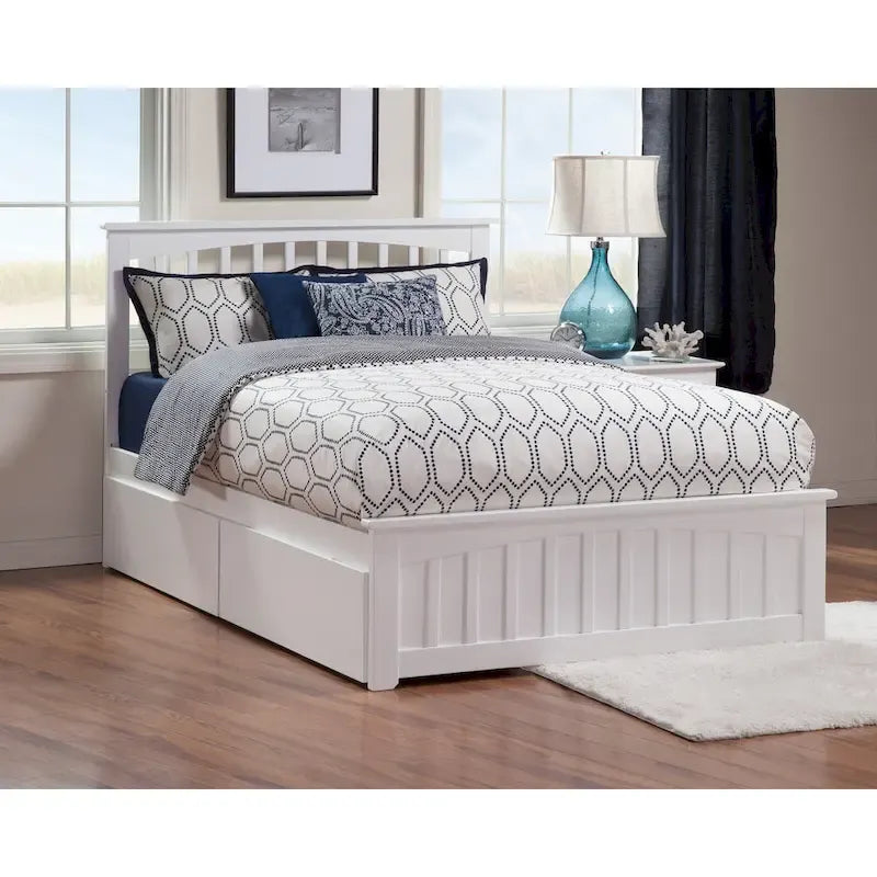 Mission Queen Platform Bed with 2 Drawers & Charging Station - Solid Wood, Slatted Headboard, White Finish