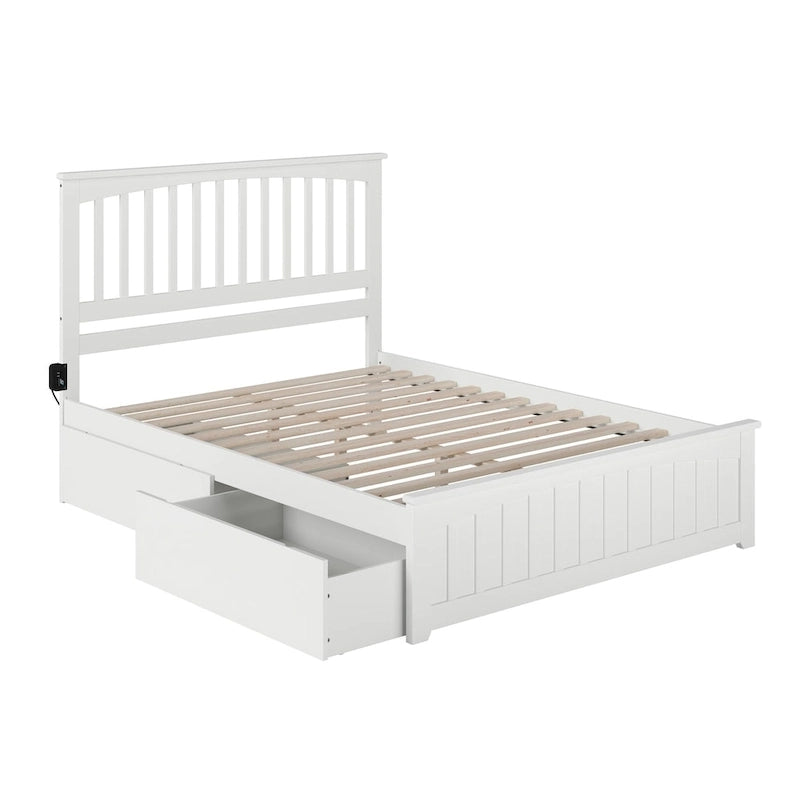 Mission Queen Platform Bed with 2 Drawers & Charging Station - Solid Wood, Slatted Headboard, White Finish