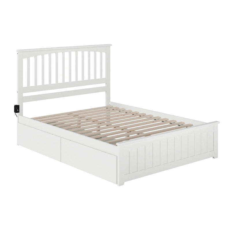 Mission Queen Platform Bed with 2 Drawers & Charging Station - Solid Wood, Slatted Headboard, White Finish