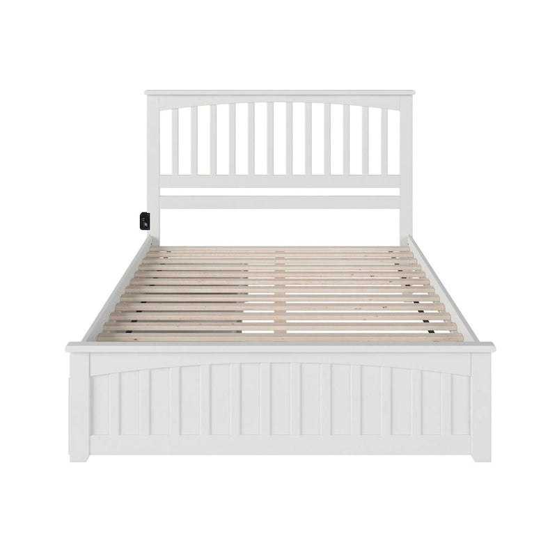 Mission Queen Platform Bed with 2 Drawers & Charging Station - Solid Wood, Slatted Headboard, White Finish