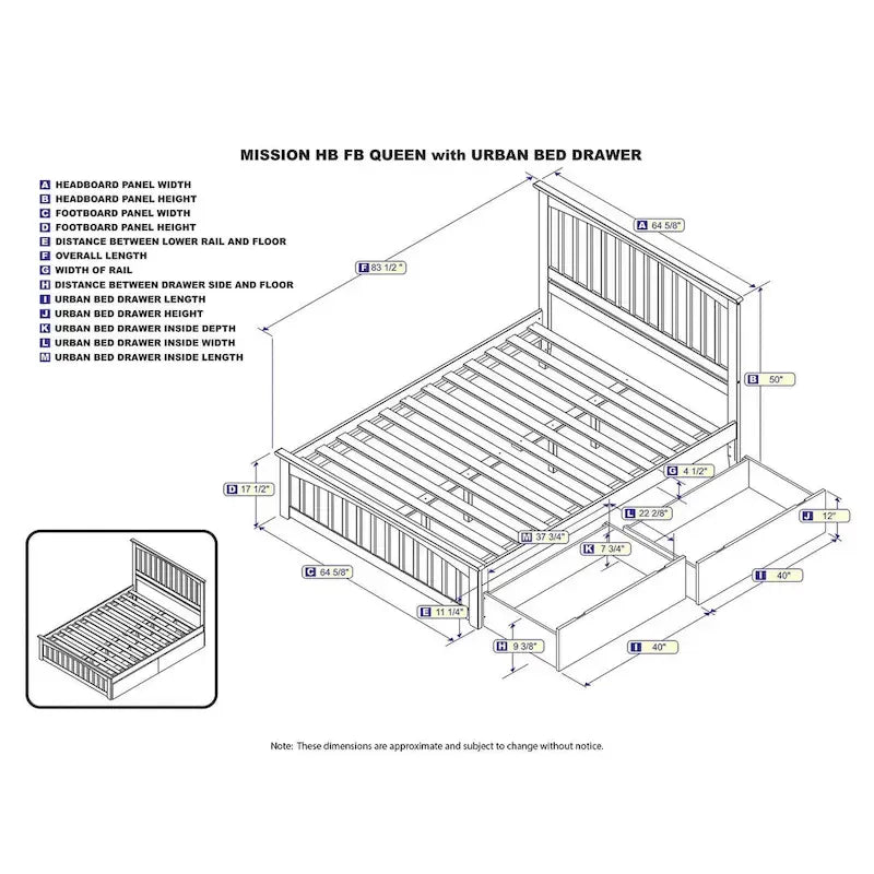Mission Queen Platform Bed with 2 Drawers & Charging Station - Solid Wood, Slatted Headboard, White Finish