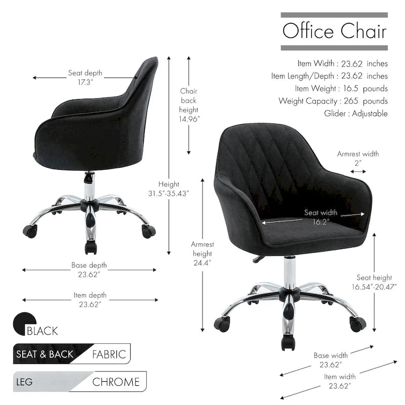 Mid-Back Swivel Home Office Desk Chair - Fabric Upholstery, Adjustable Gaslift, Roller Caster Wheels