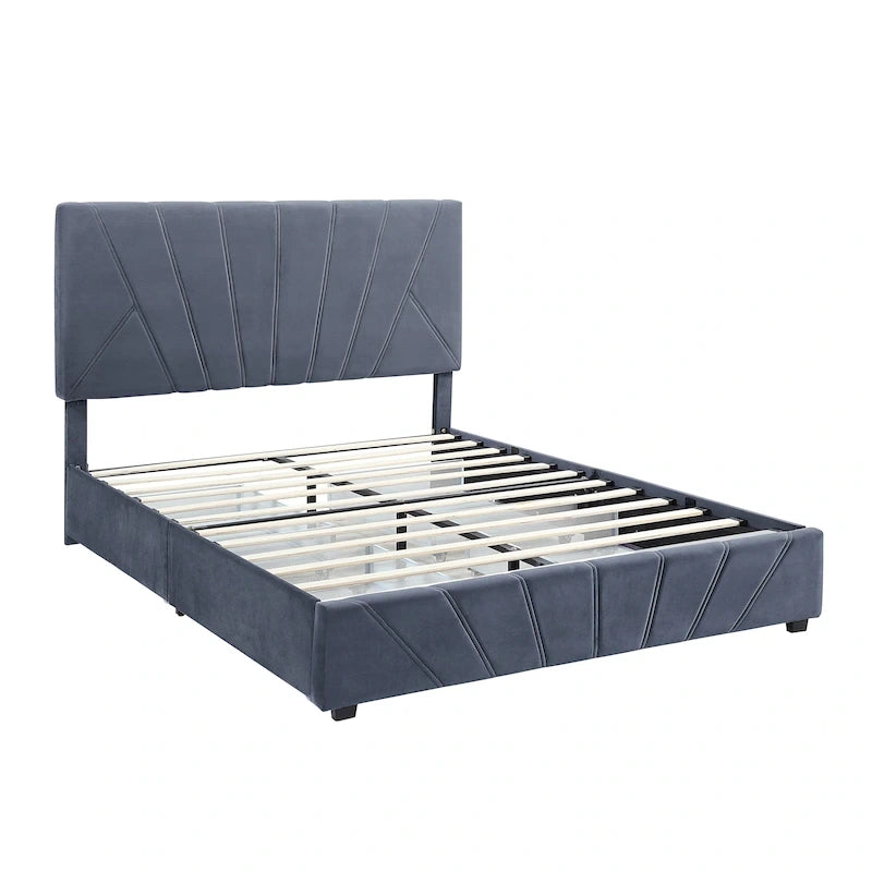 Art Deco Upholstered Storage Bed with 4 Drawers Velvety Fabric Linear Tufting Integrated Storage Bedroom Furniture