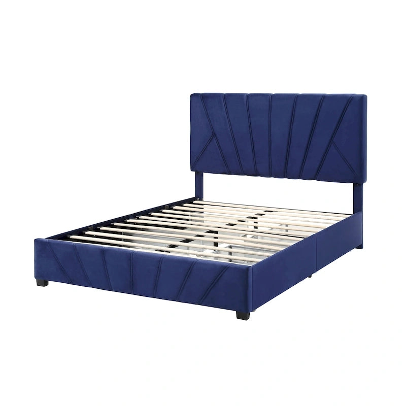 Art Deco Upholstered Storage Bed with 4 Drawers Velvety Fabric Linear Tufting Integrated Storage Bedroom Furniture