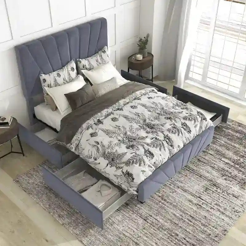 Art Deco Upholstered Storage Bed with 4 Drawers Velvety Fabric Linear Tufting Integrated Storage Bedroom Furniture