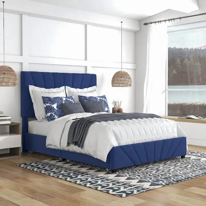 Art Deco Upholstered Storage Bed with 4 Drawers Velvety Fabric Linear Tufting Integrated Storage Bedroom Furniture