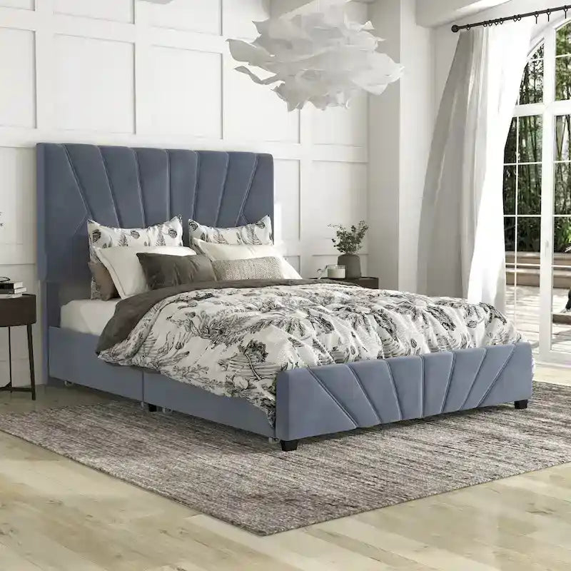 Art Deco Upholstered Storage Bed with 4 Drawers Velvety Fabric Linear Tufting Integrated Storage Bedroom Furniture