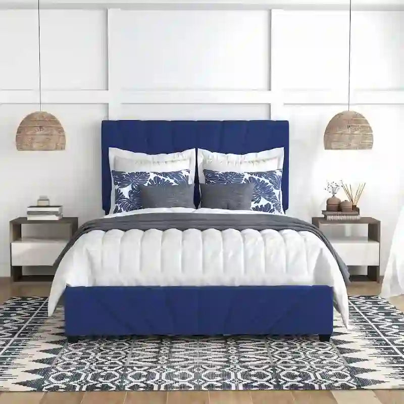 Art Deco Upholstered Storage Bed with 4 Drawers Velvety Fabric Linear Tufting Integrated Storage Bedroom Furniture