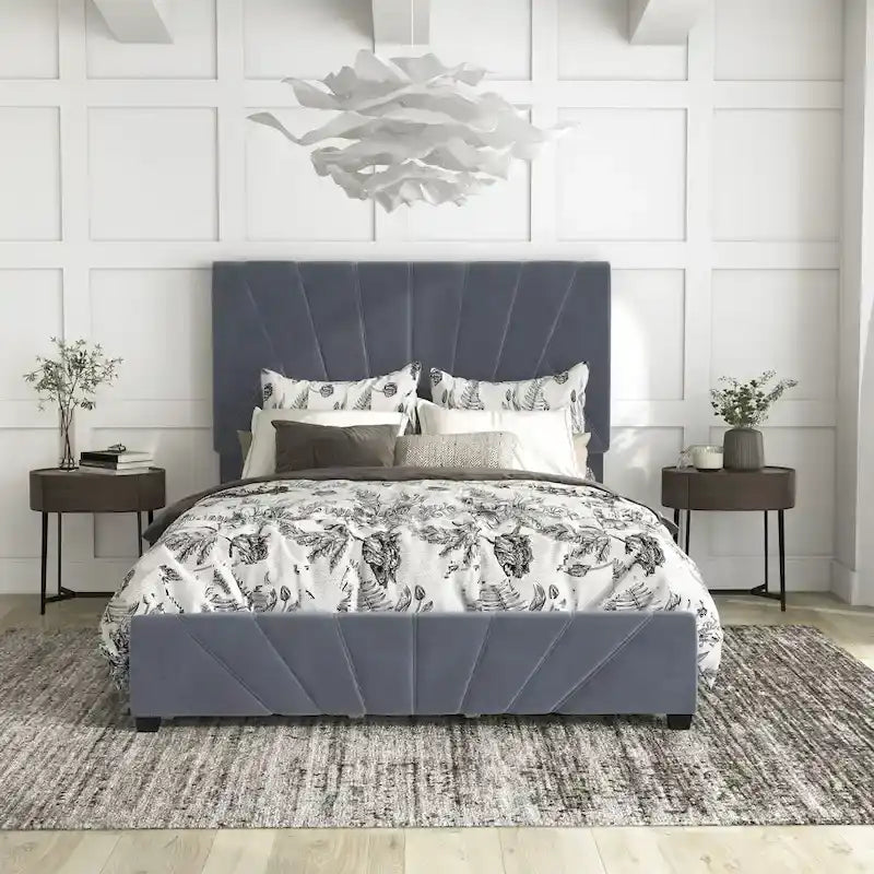 Art Deco Upholstered Storage Bed with 4 Drawers Velvety Fabric Linear Tufting Integrated Storage Bedroom Furniture