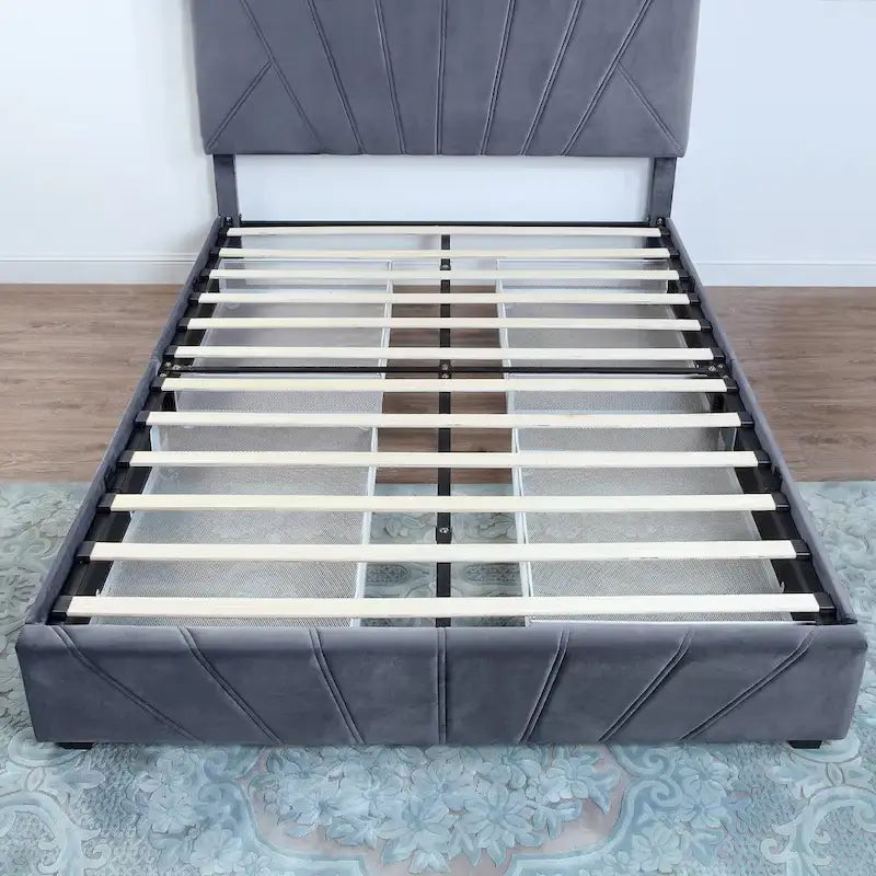 Art Deco Upholstered Storage Bed with 4 Drawers Velvety Fabric Linear Tufting Integrated Storage Bedroom Furniture
