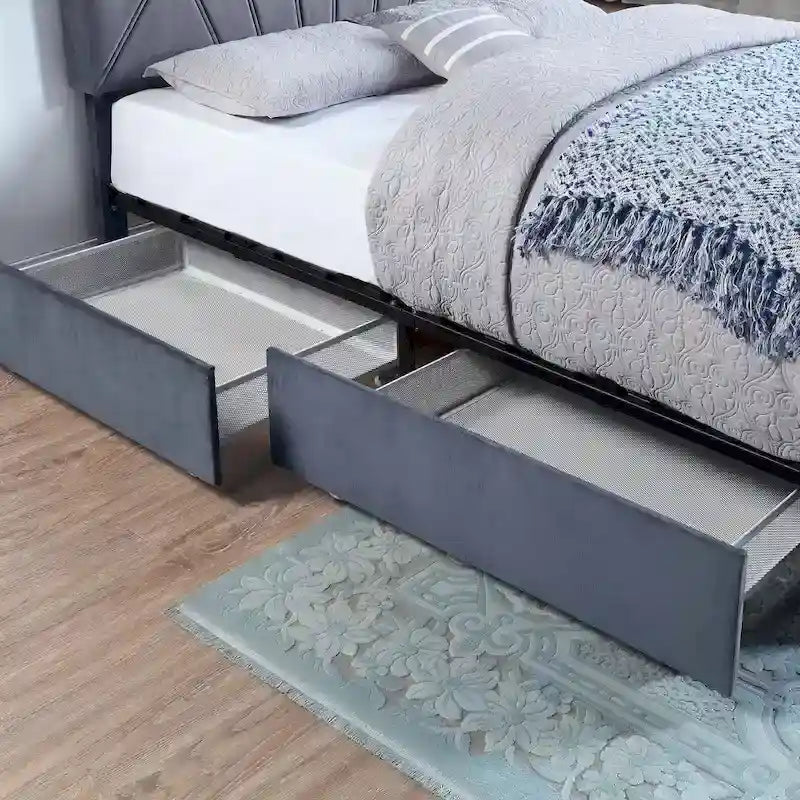 Art Deco Upholstered Storage Bed with 4 Drawers Velvety Fabric Linear Tufting Integrated Storage Bedroom Furniture