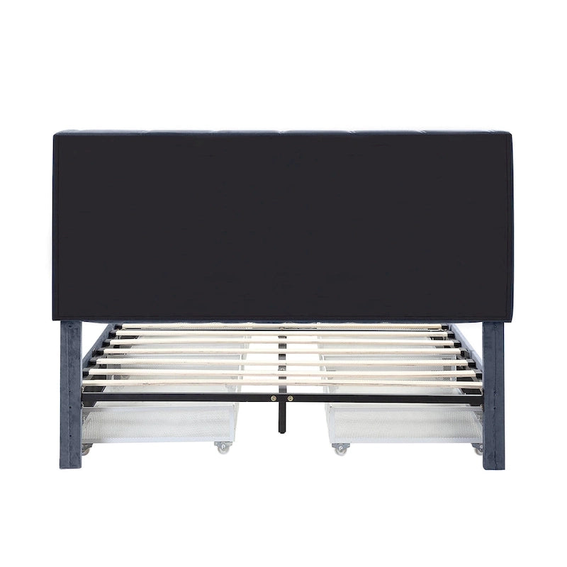 Art Deco Upholstered Storage Bed with 4 Drawers Velvety Fabric Linear Tufting Integrated Storage Bedroom Furniture