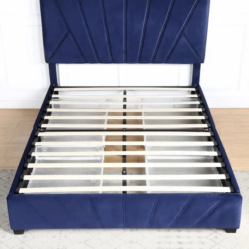 Art Deco Upholstered Storage Bed with 4 Drawers Velvety Fabric Linear Tufting Integrated Storage Bedroom Furniture