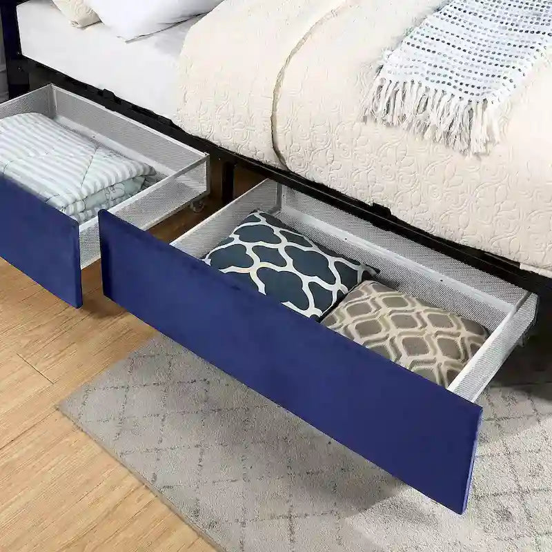 Art Deco Upholstered Storage Bed with 4 Drawers Velvety Fabric Linear Tufting Integrated Storage Bedroom Furniture